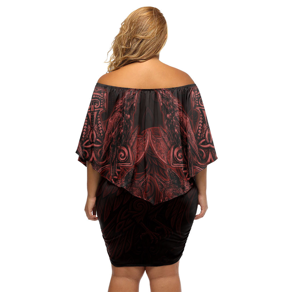 Huginn and Muninn with Fenrir and Vegvisir Off Shoulder Short Dress Viking Runic Celtic Knot Dark Gothic Art