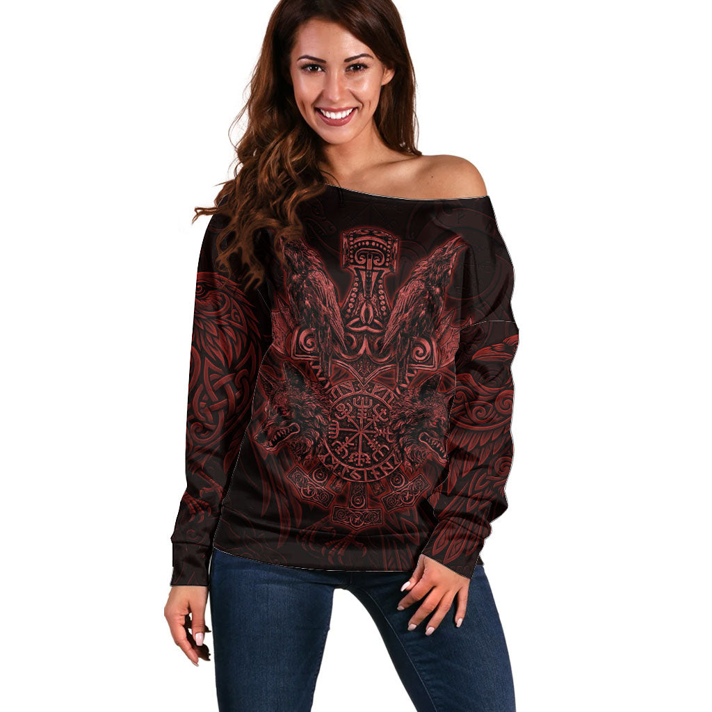 Huginn and Muninn with Fenrir and Vegvisir Off Shoulder Sweater Viking Runic Celtic Knot Dark Gothic Art