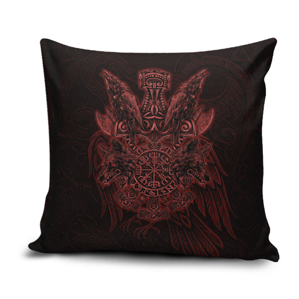 Huginn and Muninn with Fenrir and Vegvisir Pillow Cover Viking Runic Celtic Knot Dark Gothic Art