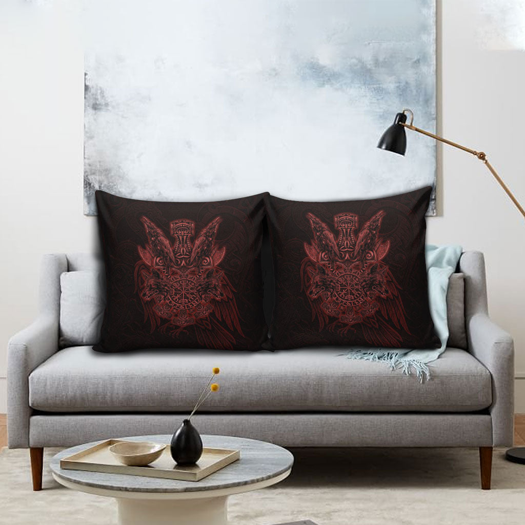Huginn and Muninn with Fenrir and Vegvisir Pillow Cover Viking Runic Celtic Knot Dark Gothic Art