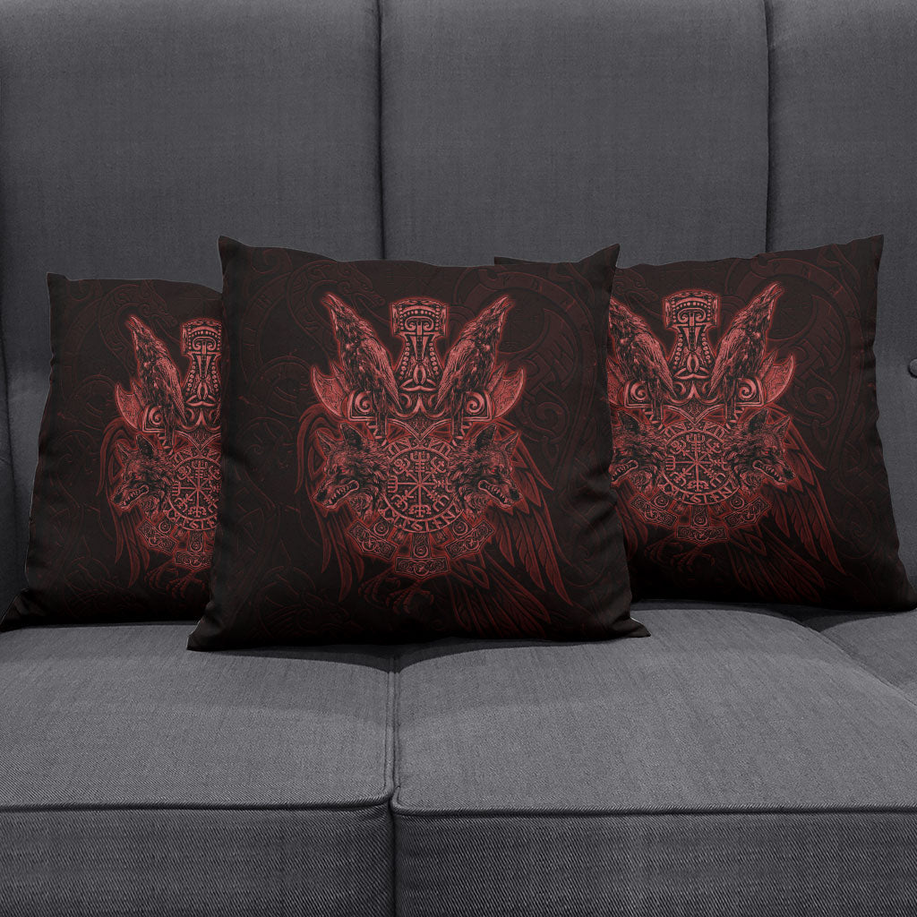Huginn and Muninn with Fenrir and Vegvisir Pillow Cover Viking Runic Celtic Knot Dark Gothic Art