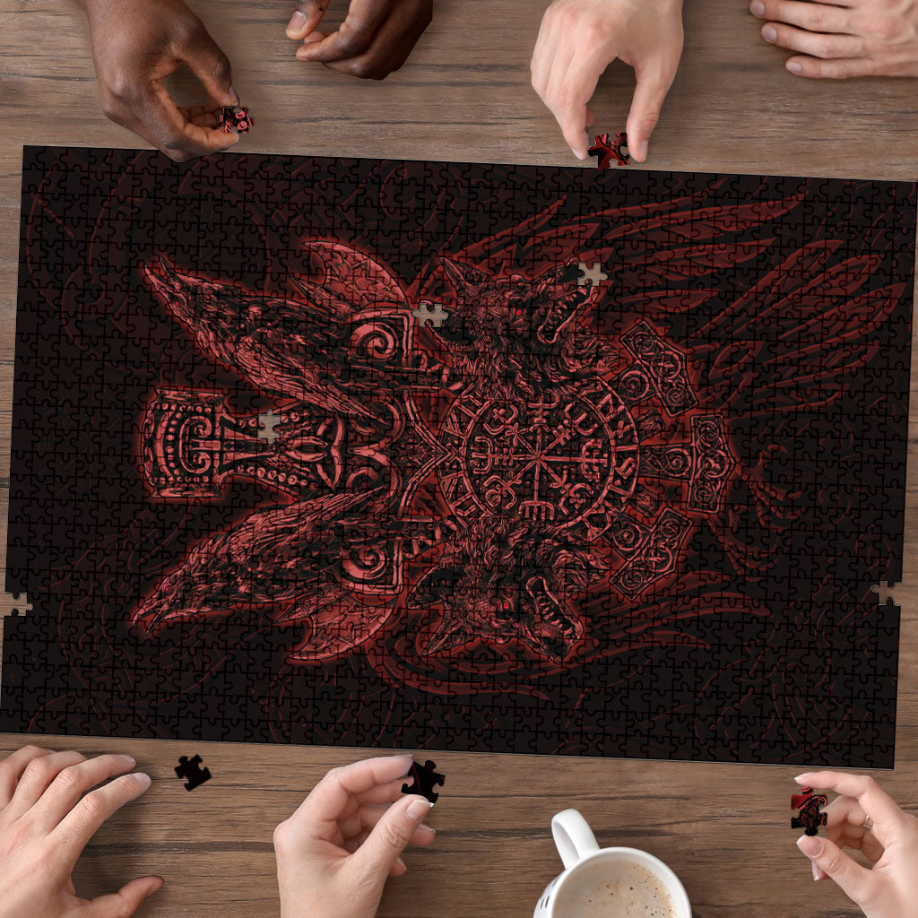 Huginn and Muninn with Fenrir and Vegvisir Puzzle Viking Runic Celtic Knot Dark Gothic Art