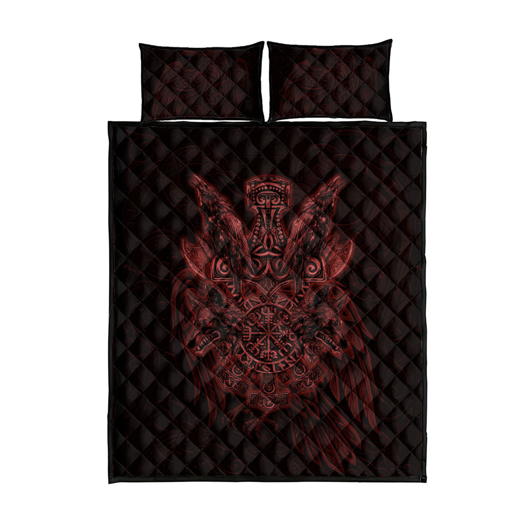 Huginn and Muninn with Fenrir and Vegvisir Quilt Bed Set Viking Runic Celtic Knot Dark Gothic Art