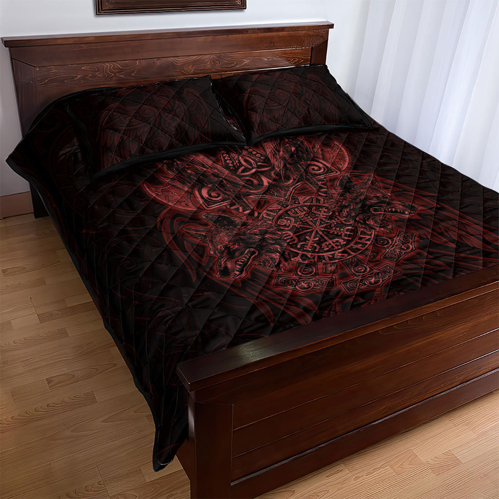 Huginn and Muninn with Fenrir and Vegvisir Quilt Bed Set Viking Runic Celtic Knot Dark Gothic Art