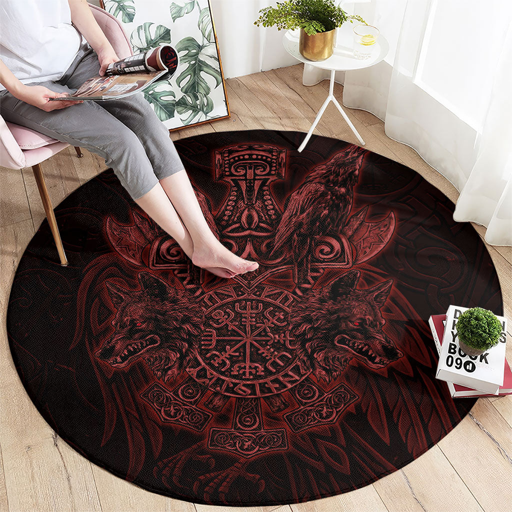 Huginn and Muninn with Fenrir and Vegvisir Round Carpet Viking Runic Celtic Knot Dark Gothic Art