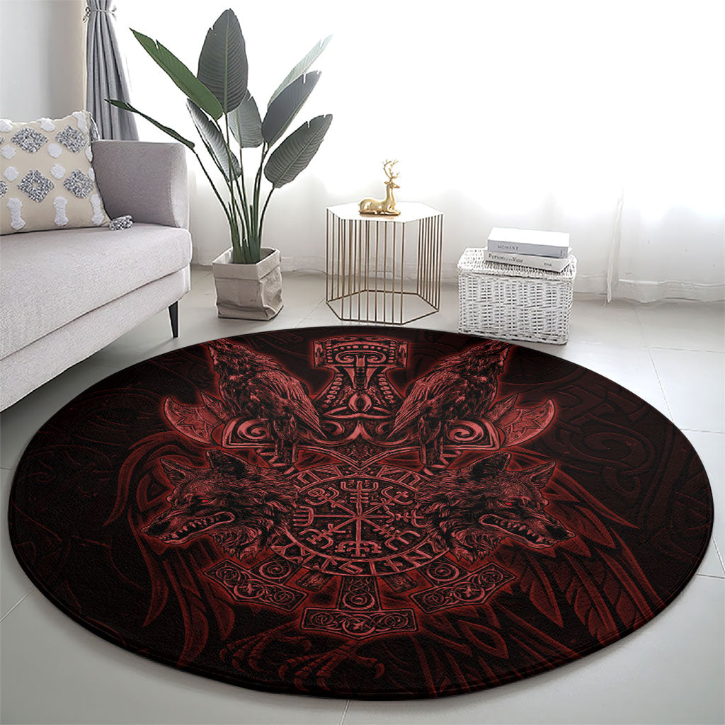 Huginn and Muninn with Fenrir and Vegvisir Round Carpet Viking Runic Celtic Knot Dark Gothic Art
