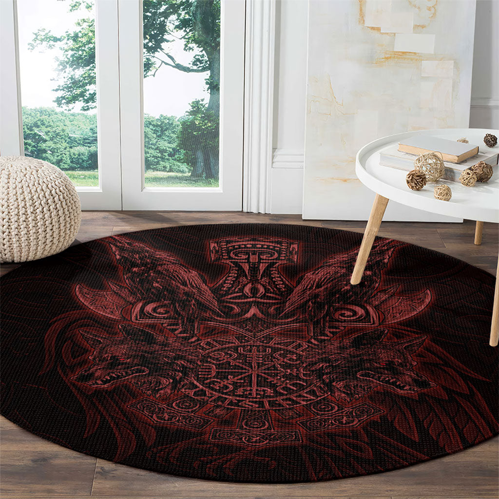 Huginn and Muninn with Fenrir and Vegvisir Round Carpet Viking Runic Celtic Knot Dark Gothic Art