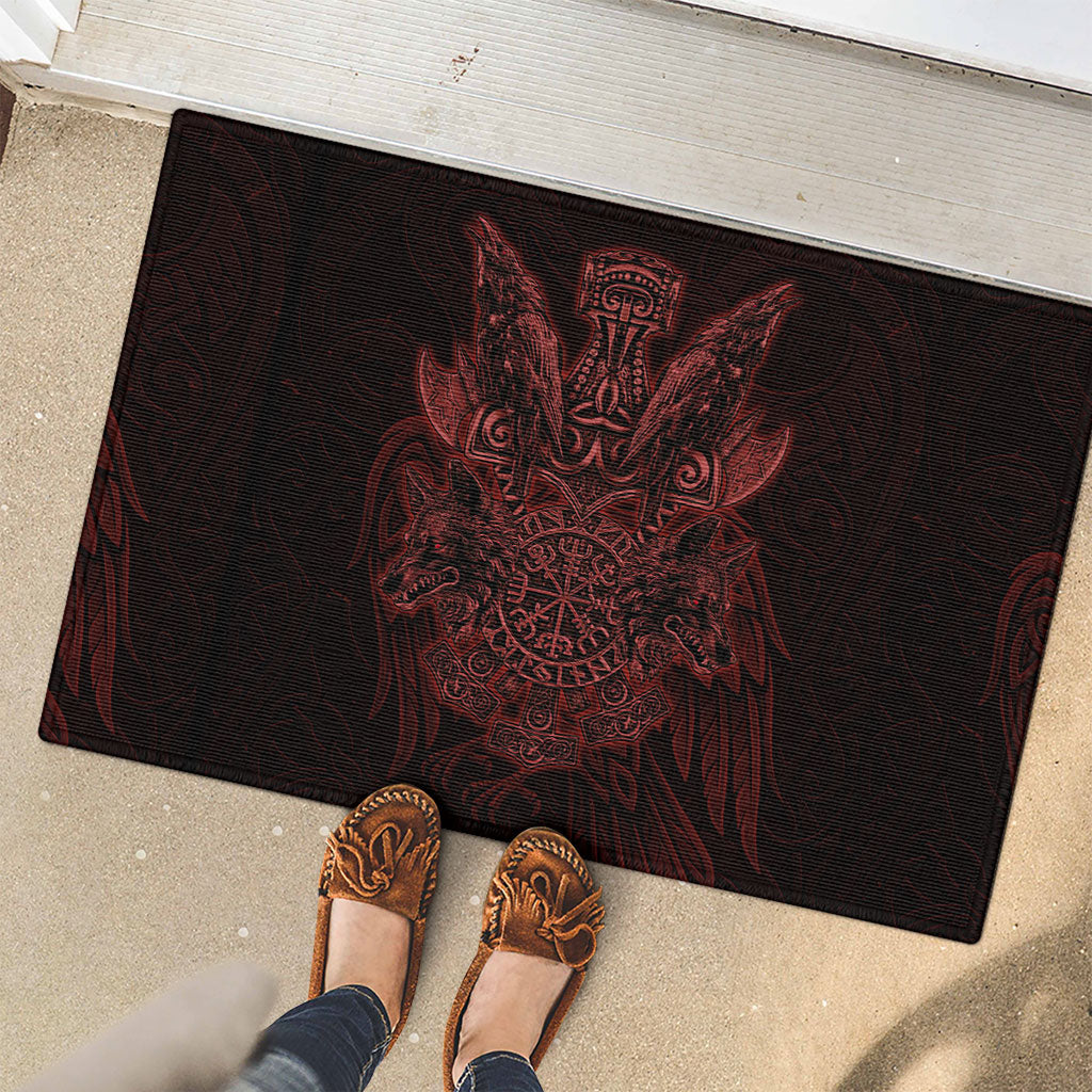 Huginn and Muninn with Fenrir and Vegvisir Rubber Doormat Viking Runic Celtic Knot Dark Gothic Art