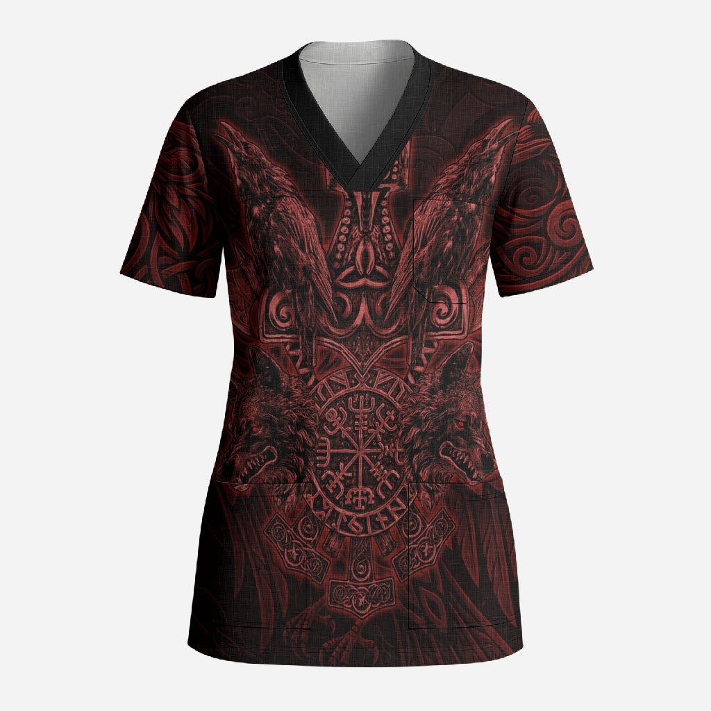 Huginn and Muninn with Fenrir and Vegvisir Scrub Top Viking Runic Celtic Knot Dark Gothic Art
