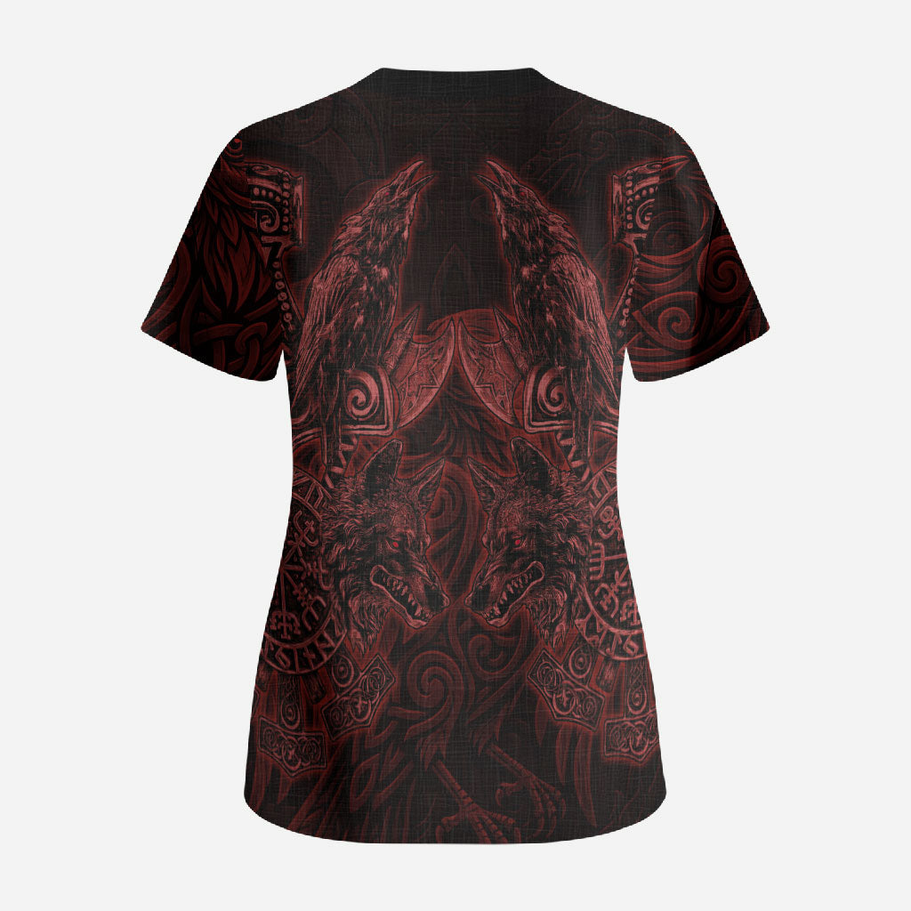 Huginn and Muninn with Fenrir and Vegvisir Scrub Top Viking Runic Celtic Knot Dark Gothic Art