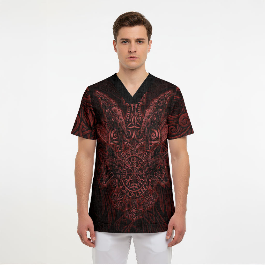 Huginn and Muninn with Fenrir and Vegvisir Scrub Top Viking Runic Celtic Knot Dark Gothic Art