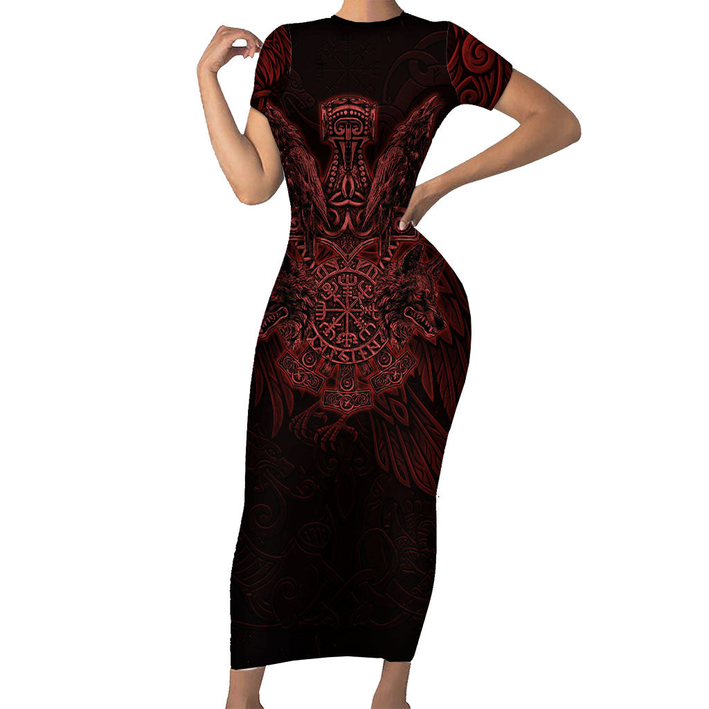 Huginn and Muninn with Fenrir and Vegvisir Short Sleeve Bodycon Dress Viking Runic Celtic Knot Dark Gothic Art