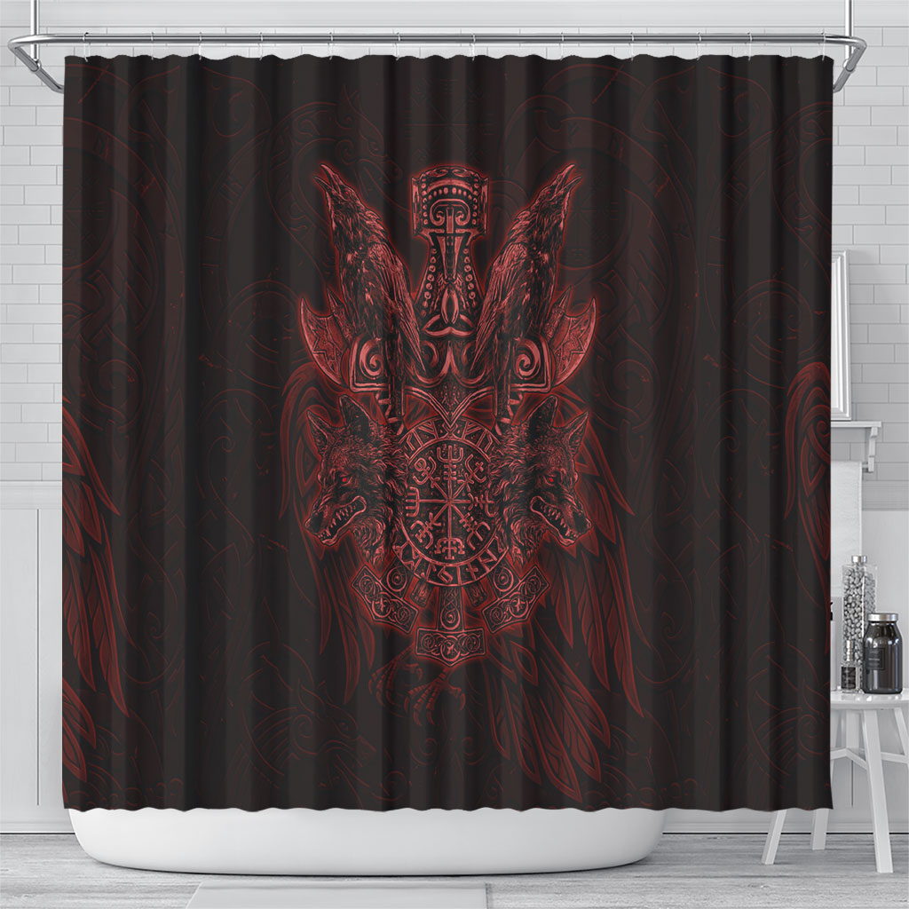 Huginn and Muninn with Fenrir and Vegvisir Shower Curtain Viking Runic Celtic Knot Dark Gothic Art