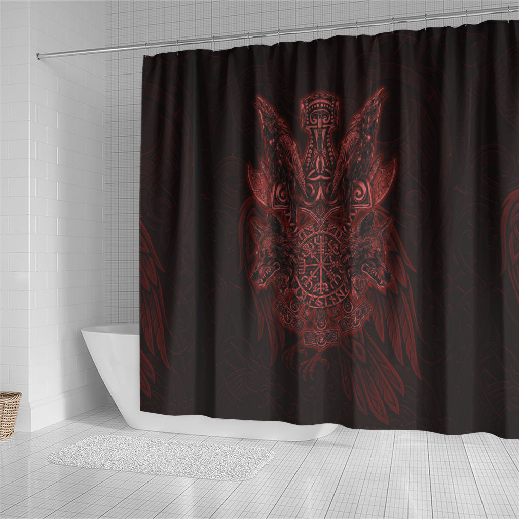 Huginn and Muninn with Fenrir and Vegvisir Shower Curtain Viking Runic Celtic Knot Dark Gothic Art