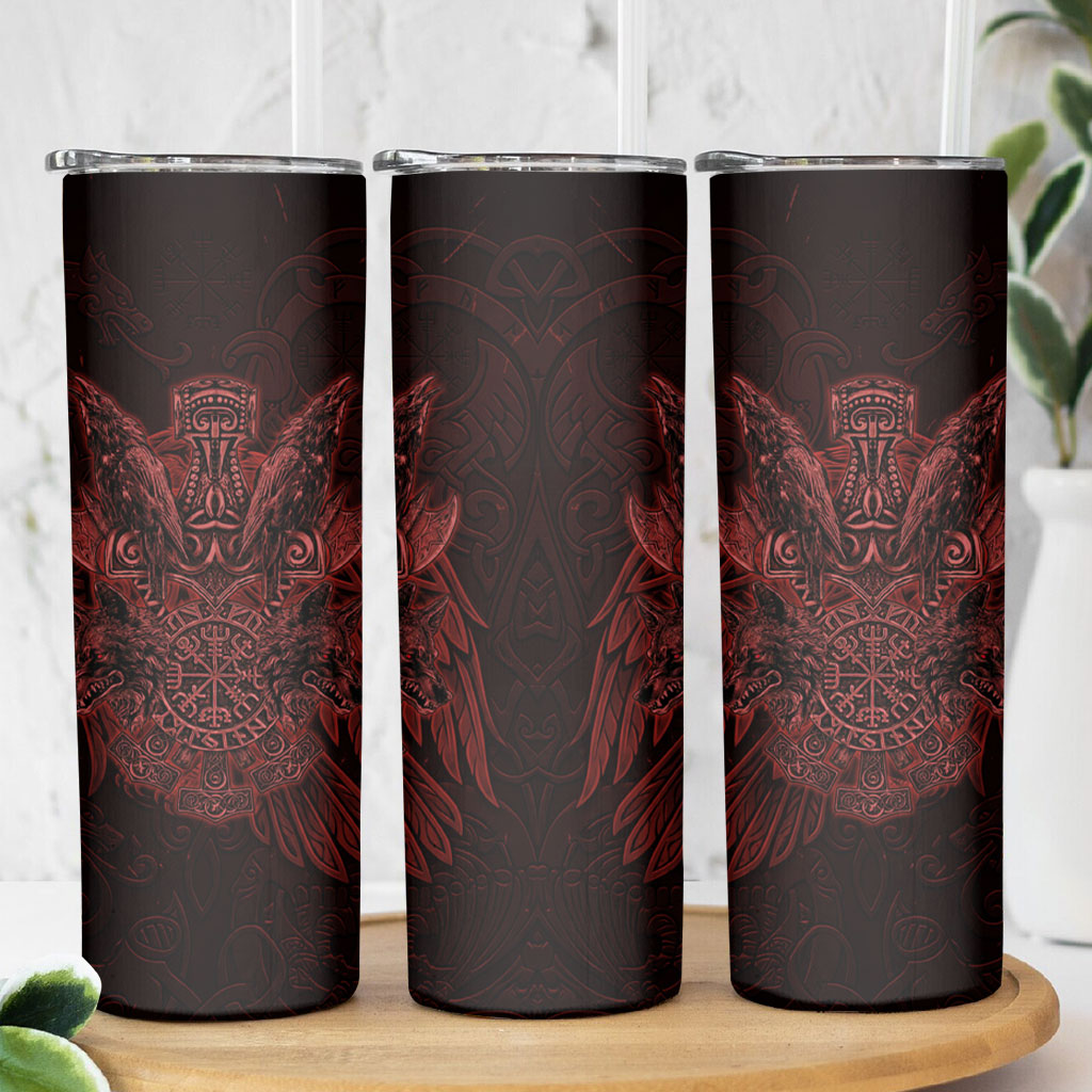 Huginn and Muninn with Fenrir and Vegvisir Skinny Tumbler Viking Runic Celtic Knot Dark Gothic Art