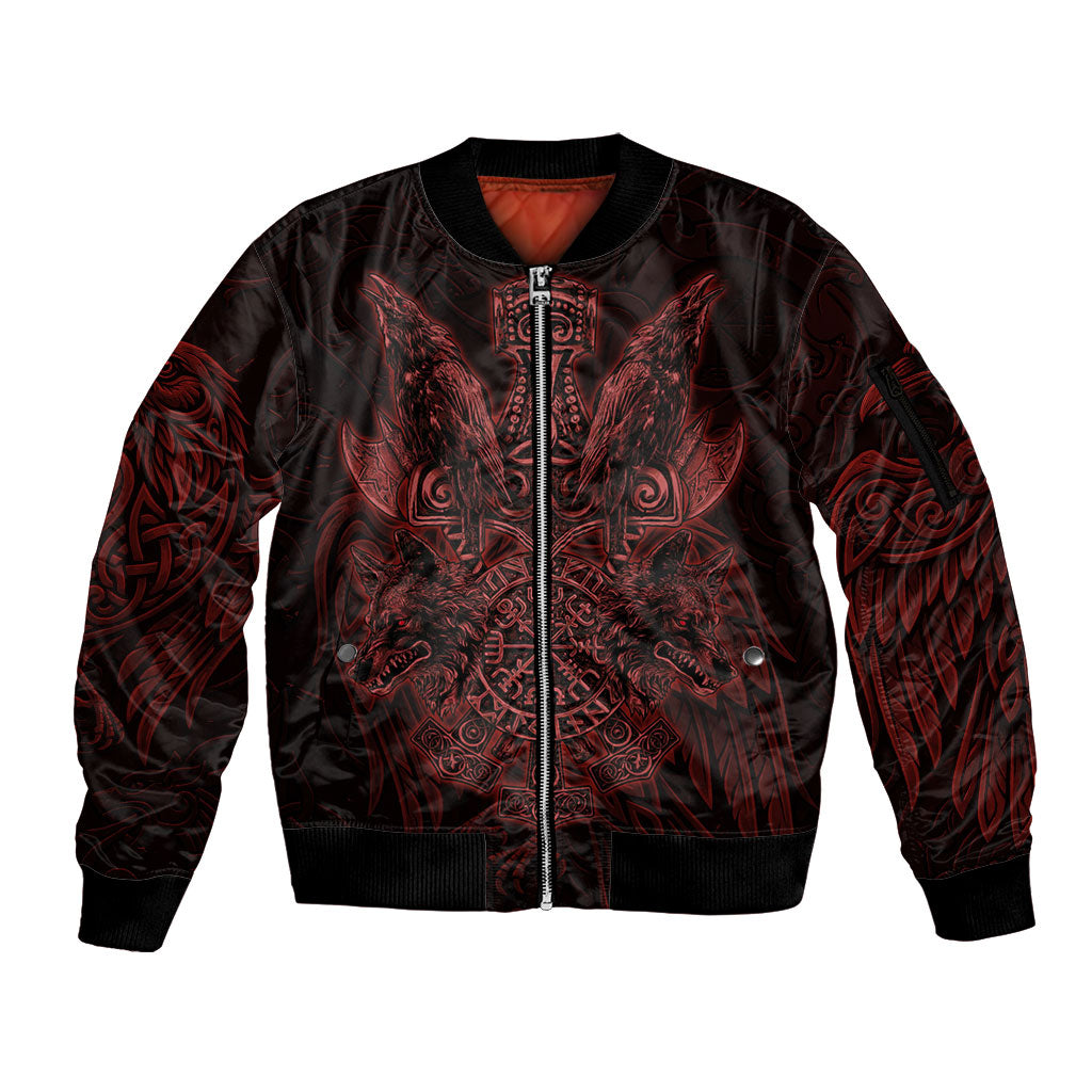 Huginn and Muninn with Fenrir and Vegvisir Sleeve Zip Bomber Jacket Viking Runic Celtic Knot Dark Gothic Art
