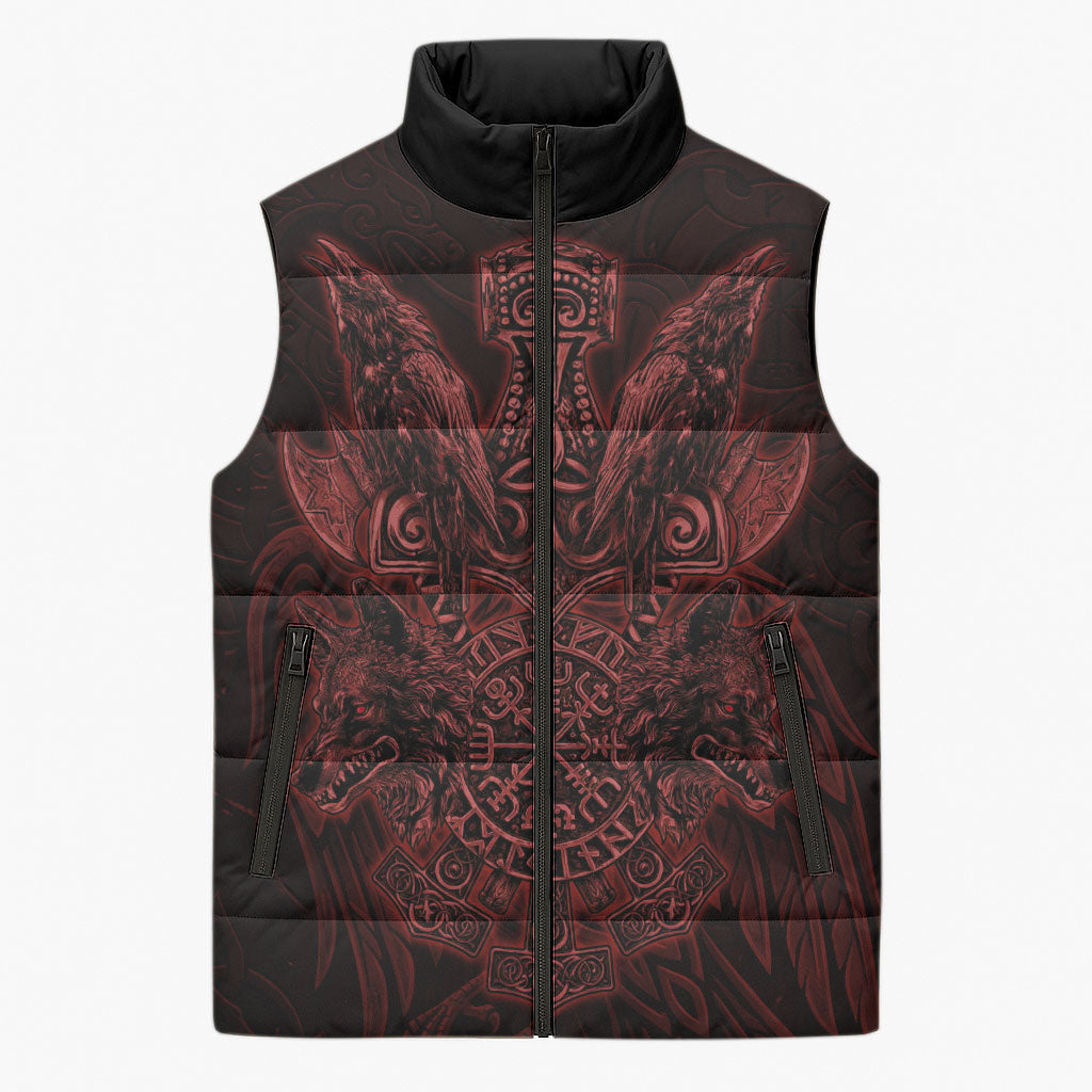 Huginn and Muninn with Fenrir and Vegvisir Sleeveless Puffer Jacket Viking Runic Celtic Knot Dark Gothic Art