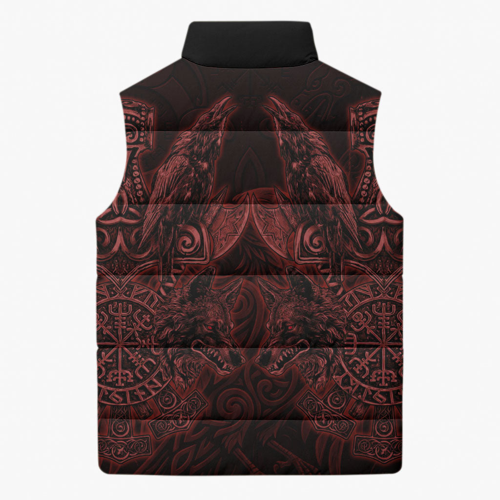 Huginn and Muninn with Fenrir and Vegvisir Sleeveless Puffer Jacket Viking Runic Celtic Knot Dark Gothic Art