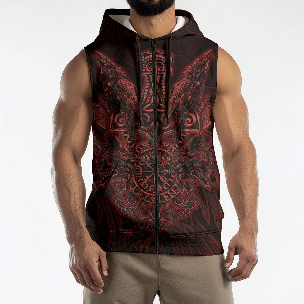 Huginn and Muninn with Fenrir and Vegvisir Sleeveless Zip Hoodie Viking Runic Celtic Knot Dark Gothic Art