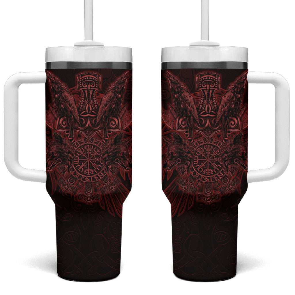 Huginn and Muninn with Fenrir and Vegvisir Tumbler With Handle Viking Runic Celtic Knot Dark Gothic Art