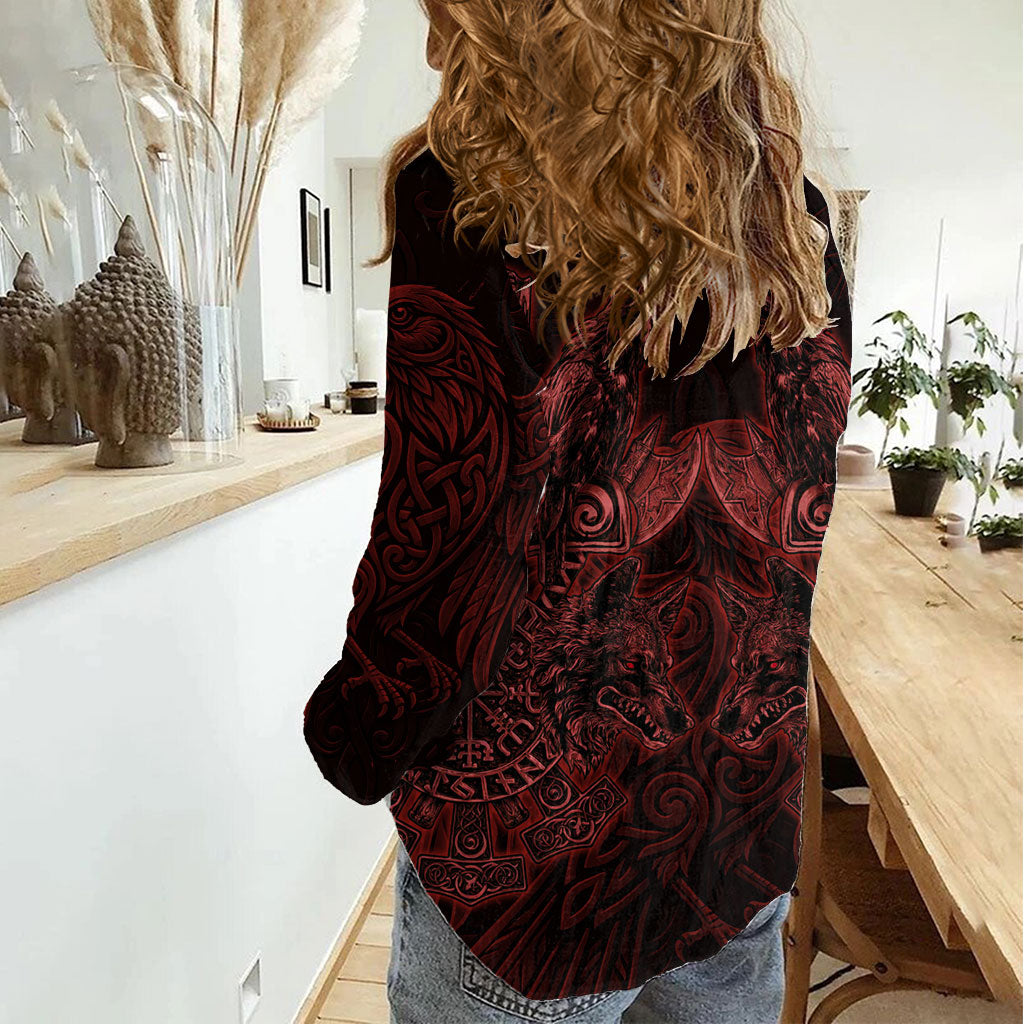 Huginn and Muninn with Fenrir and Vegvisir Women Casual Shirt Viking Runic Celtic Knot Dark Gothic Art