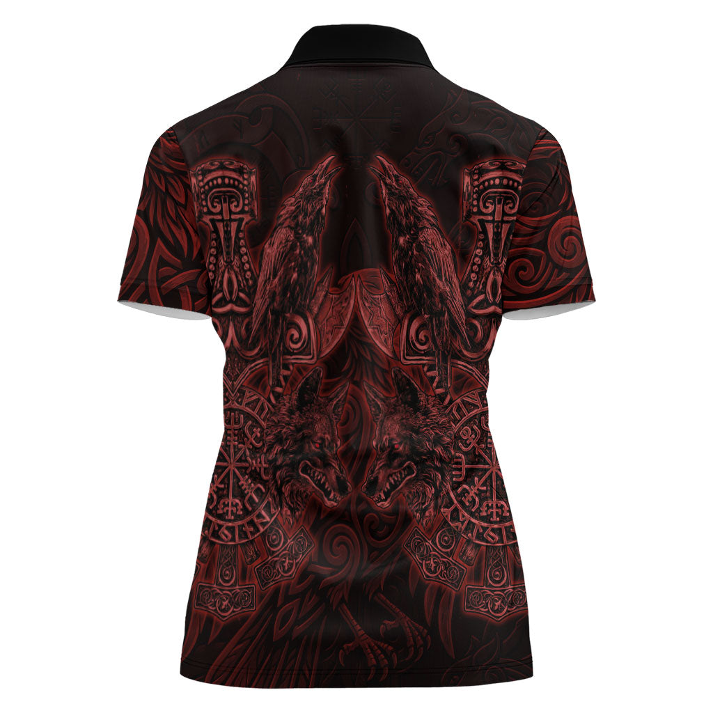 Huginn and Muninn with Fenrir and Vegvisir Women Polo Shirt Viking Runic Celtic Knot Dark Gothic Art