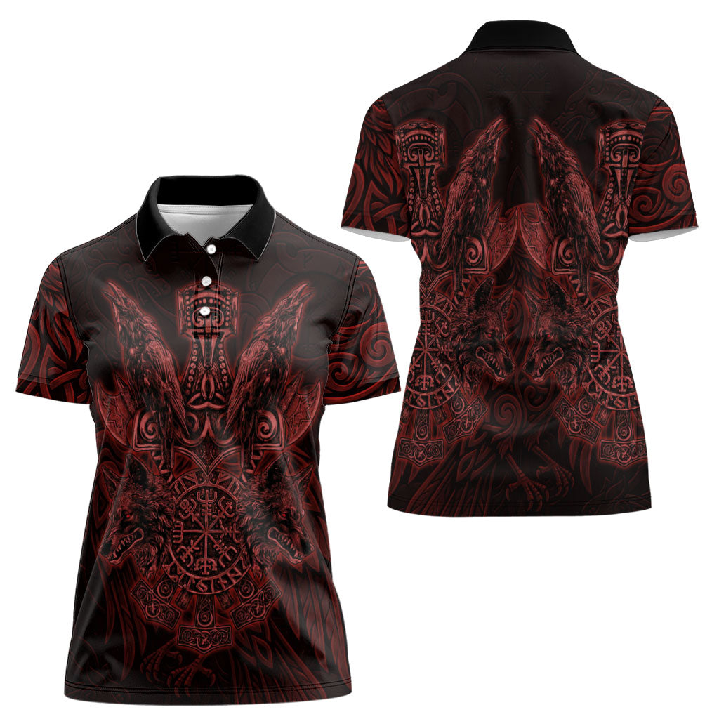 Huginn and Muninn with Fenrir and Vegvisir Women Polo Shirt Viking Runic Celtic Knot Dark Gothic Art