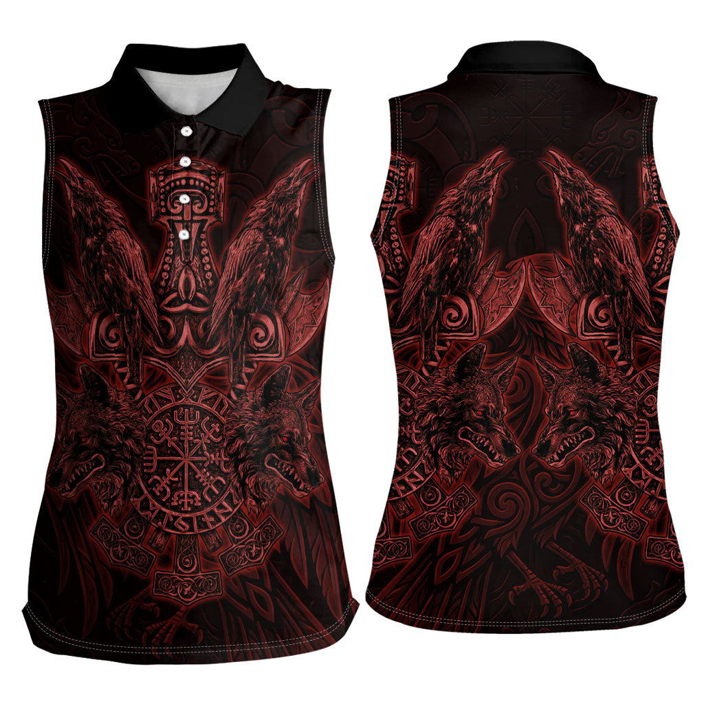 Huginn and Muninn with Fenrir and Vegvisir Women Sleeveless Polo Shirt Viking Runic Celtic Knot Dark Gothic Art
