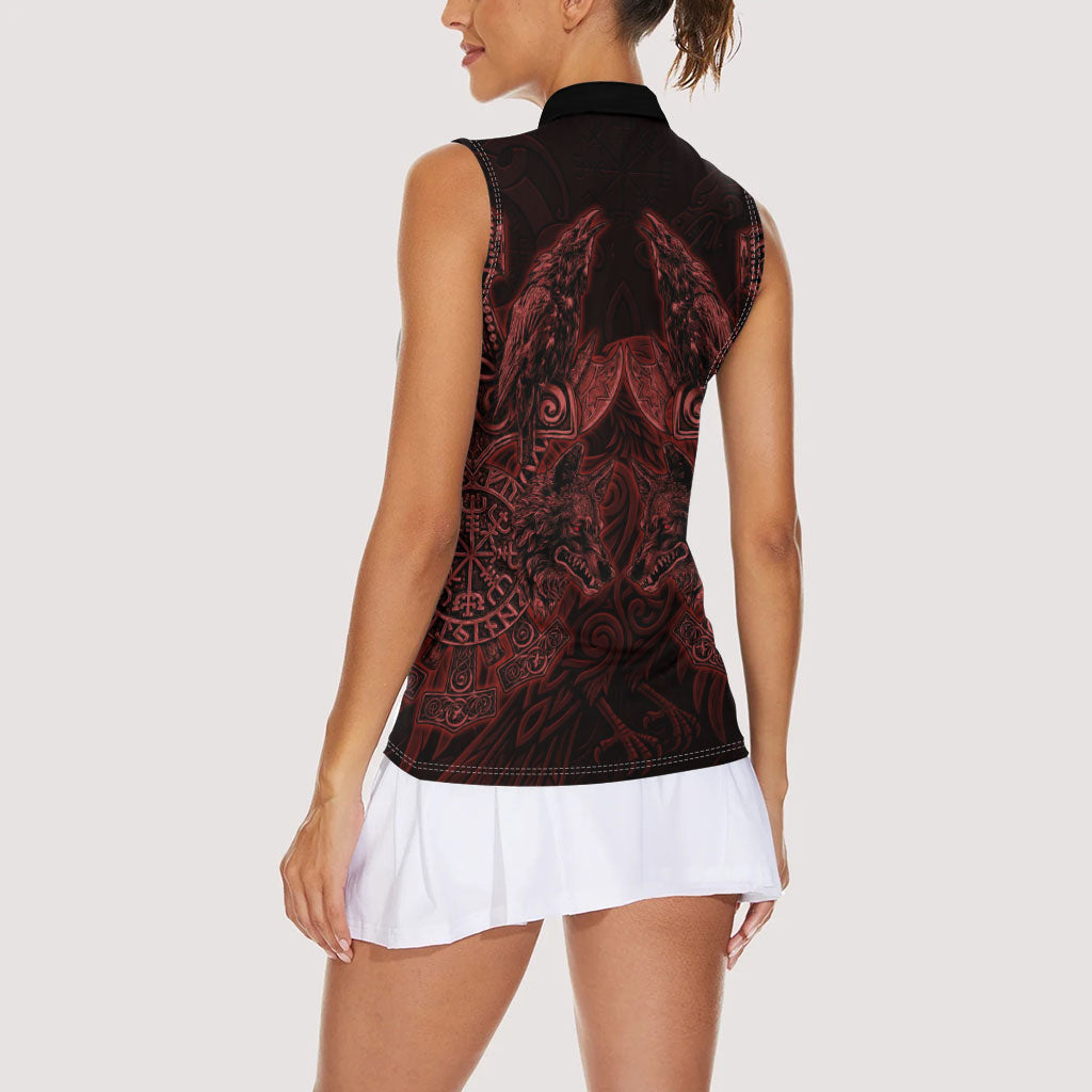 Huginn and Muninn with Fenrir and Vegvisir Women Sleeveless Polo Shirt Viking Runic Celtic Knot Dark Gothic Art