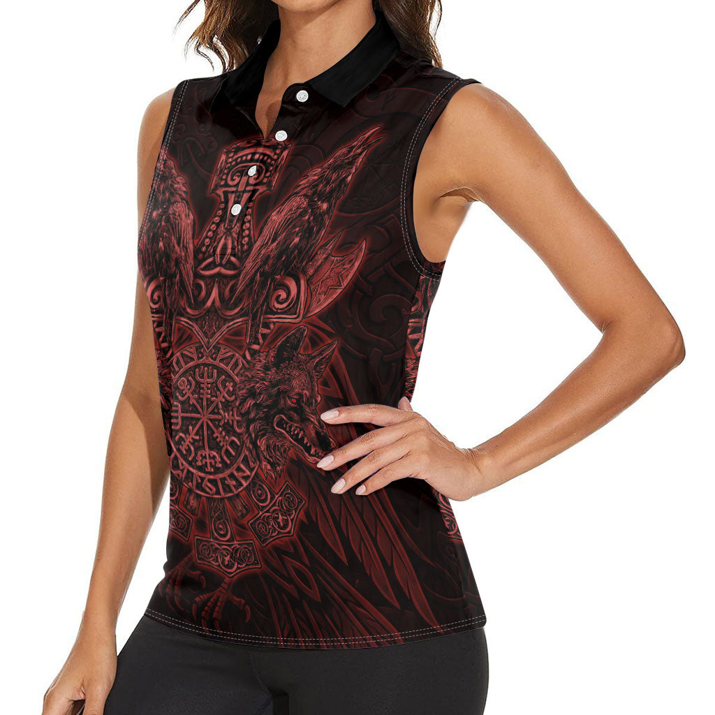 Huginn and Muninn with Fenrir and Vegvisir Women Sleeveless Polo Shirt Viking Runic Celtic Knot Dark Gothic Art