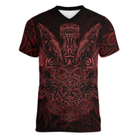 Huginn and Muninn with Fenrir and Vegvisir Women V-Neck T-Shirt Viking Runic Celtic Knot Dark Gothic Art
