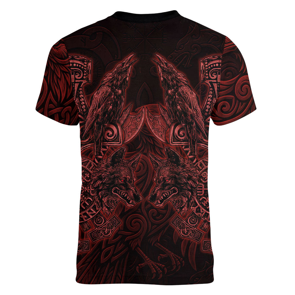 Huginn and Muninn with Fenrir and Vegvisir Women V-Neck T-Shirt Viking Runic Celtic Knot Dark Gothic Art
