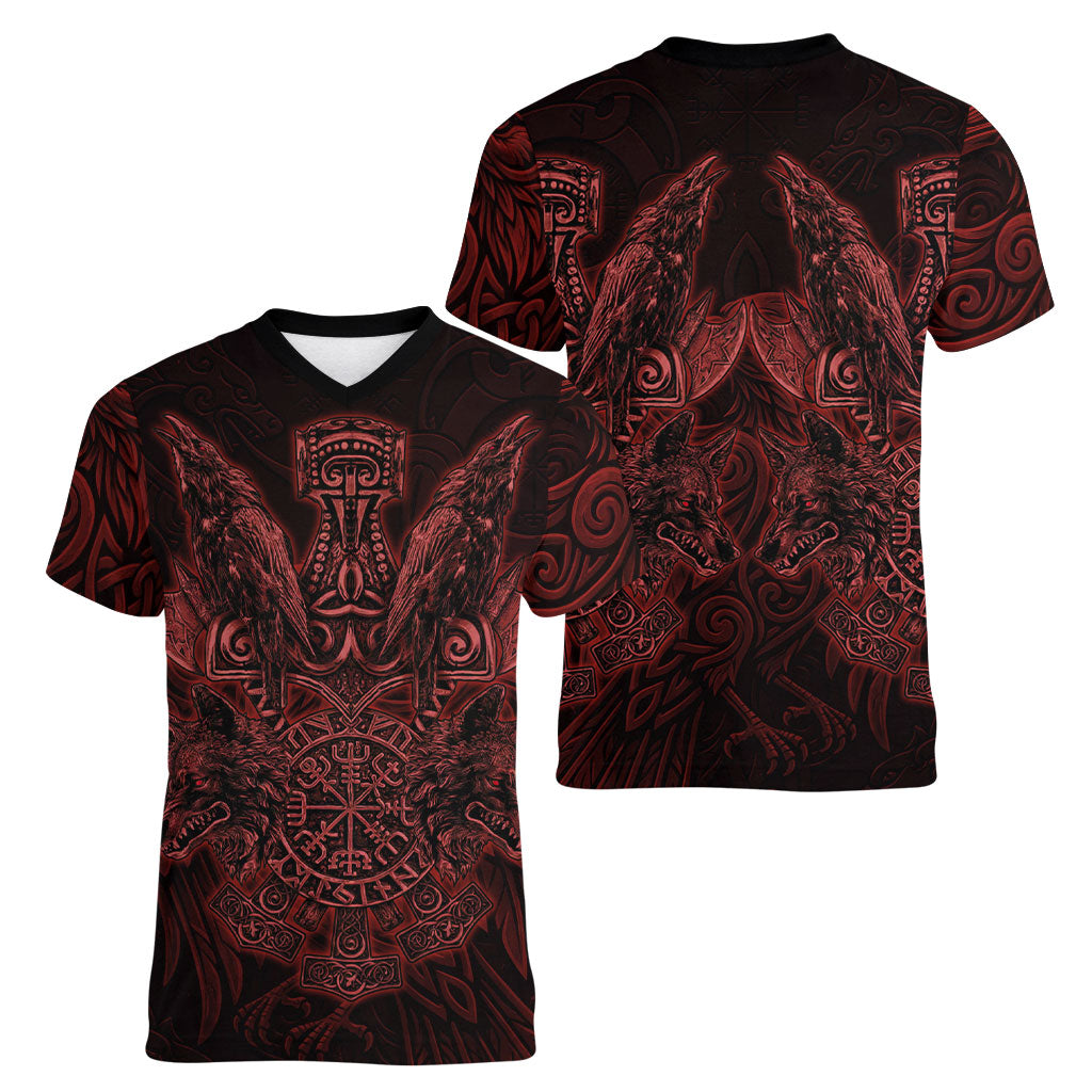 Huginn and Muninn with Fenrir and Vegvisir Women V-Neck T-Shirt Viking Runic Celtic Knot Dark Gothic Art