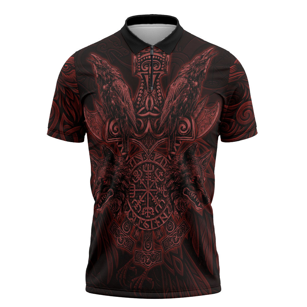 Huginn and Muninn with Fenrir and Vegvisir Zipper Polo Shirt Viking Runic Celtic Knot Dark Gothic Art