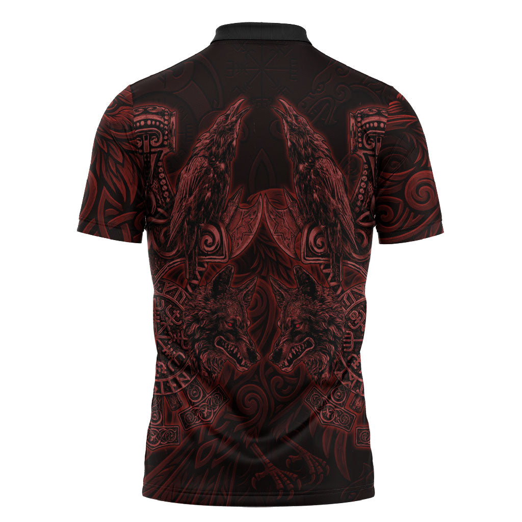 Huginn and Muninn with Fenrir and Vegvisir Zipper Polo Shirt Viking Runic Celtic Knot Dark Gothic Art