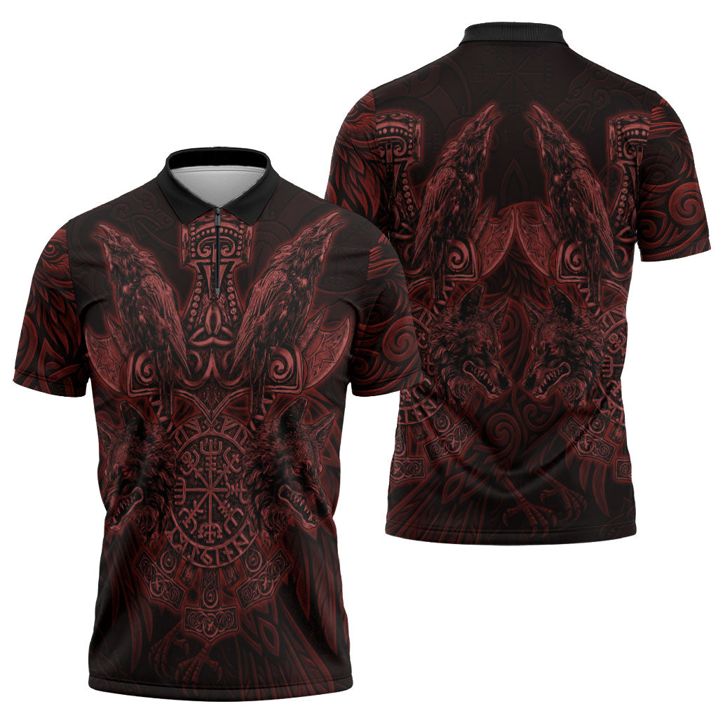 Huginn and Muninn with Fenrir and Vegvisir Zipper Polo Shirt Viking Runic Celtic Knot Dark Gothic Art