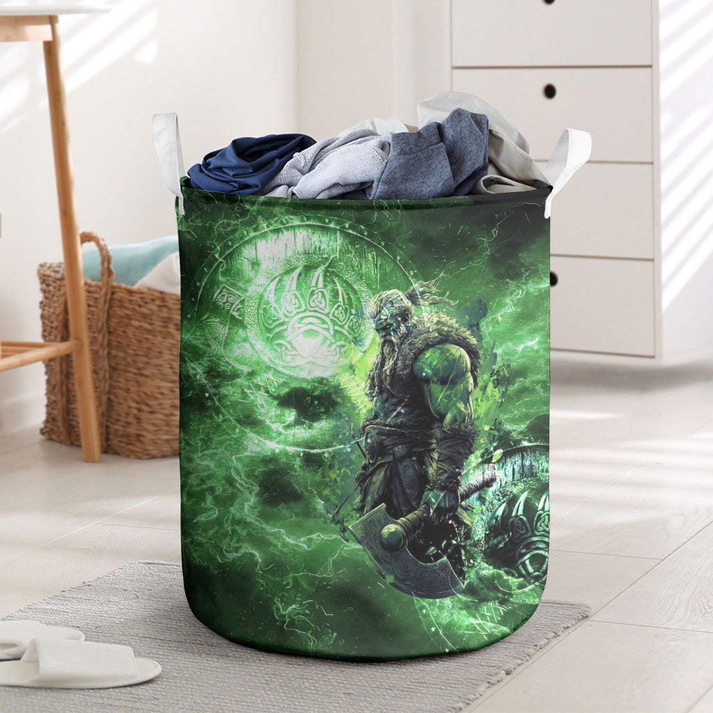 Norse Viking Warrior with Axe Laundry Basket Celtic Knot Nordic Fantasy Lightning Art