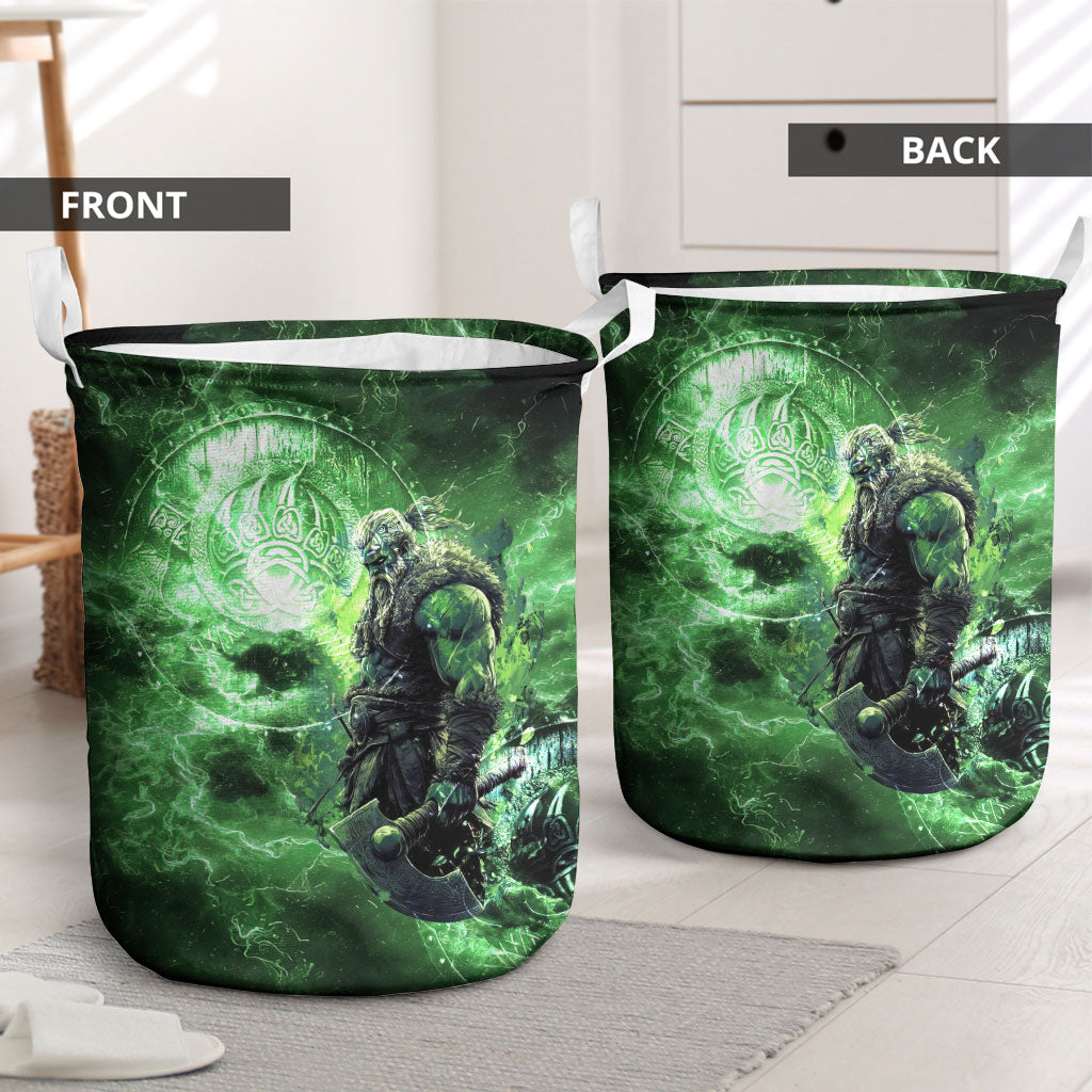 Norse Viking Warrior with Axe Laundry Basket Celtic Knot Nordic Fantasy Lightning Art