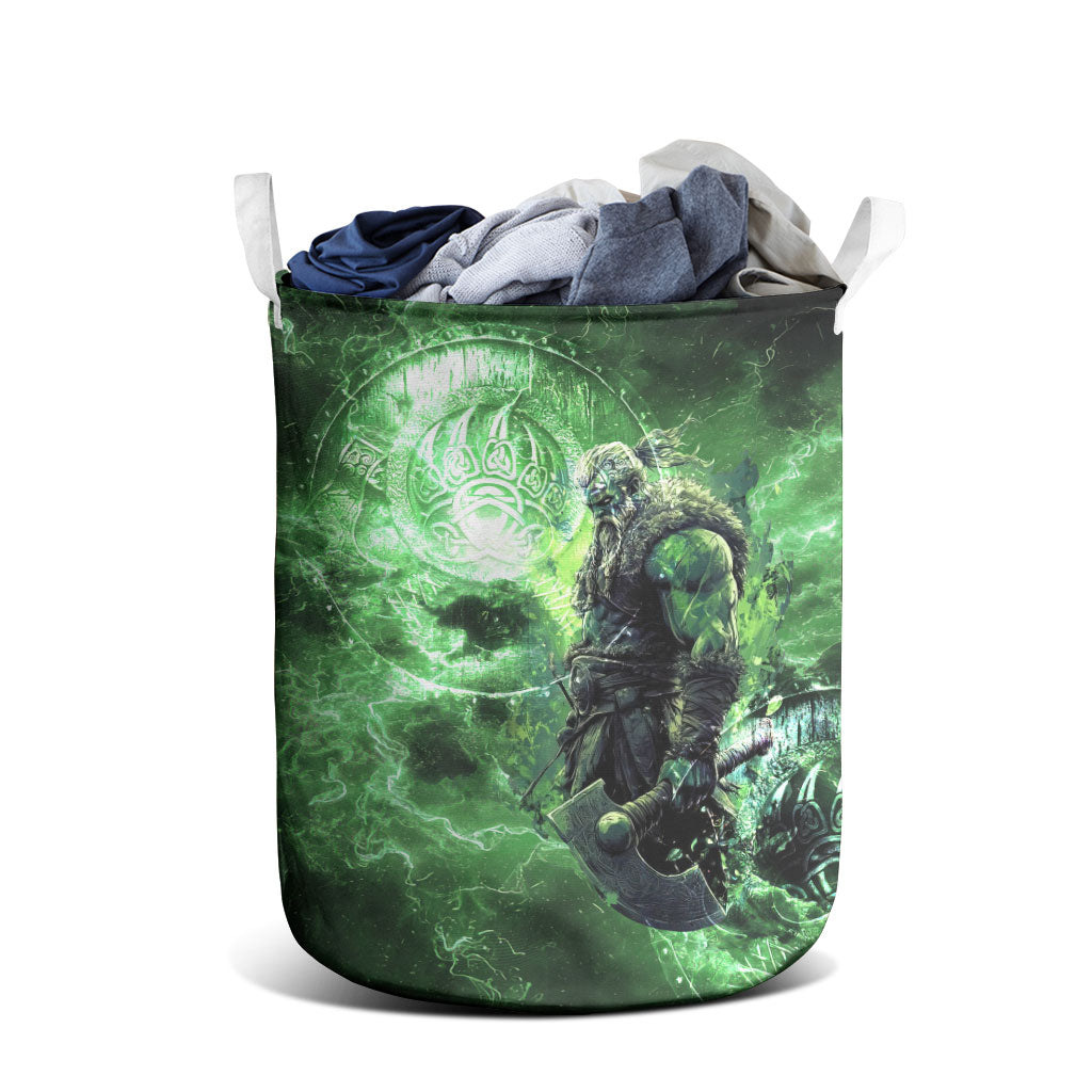 Norse Viking Warrior with Axe Laundry Basket Celtic Knot Nordic Fantasy Lightning Art