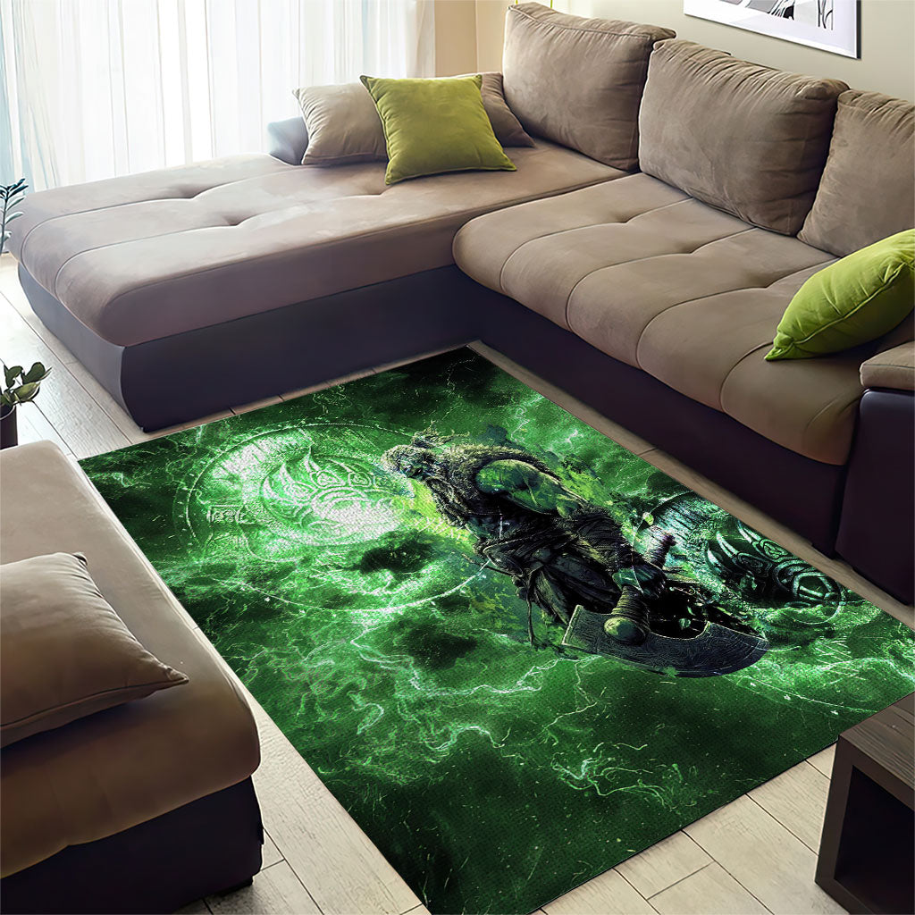 Norse Viking Warrior with Axe Area Rug Celtic Knot Nordic Fantasy Lightning Art