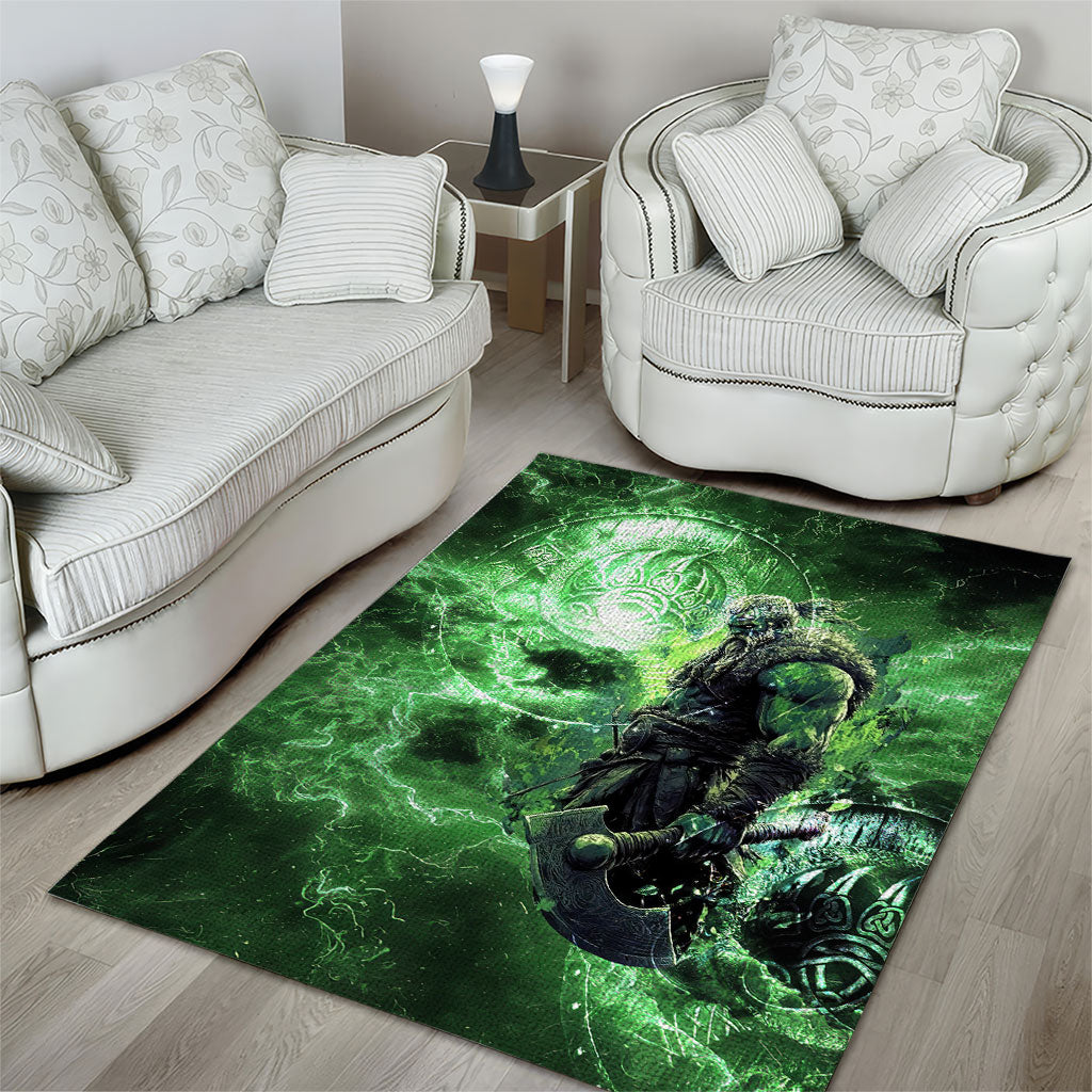 Norse Viking Warrior with Axe Area Rug Celtic Knot Nordic Fantasy Lightning Art