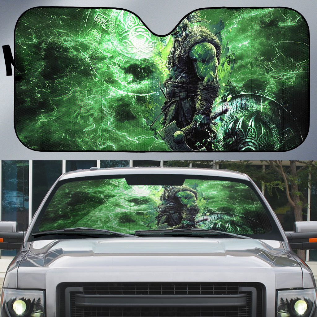 Norse Viking Warrior with Axe Auto Sun Shade Celtic Knot Nordic Fantasy Lightning Art