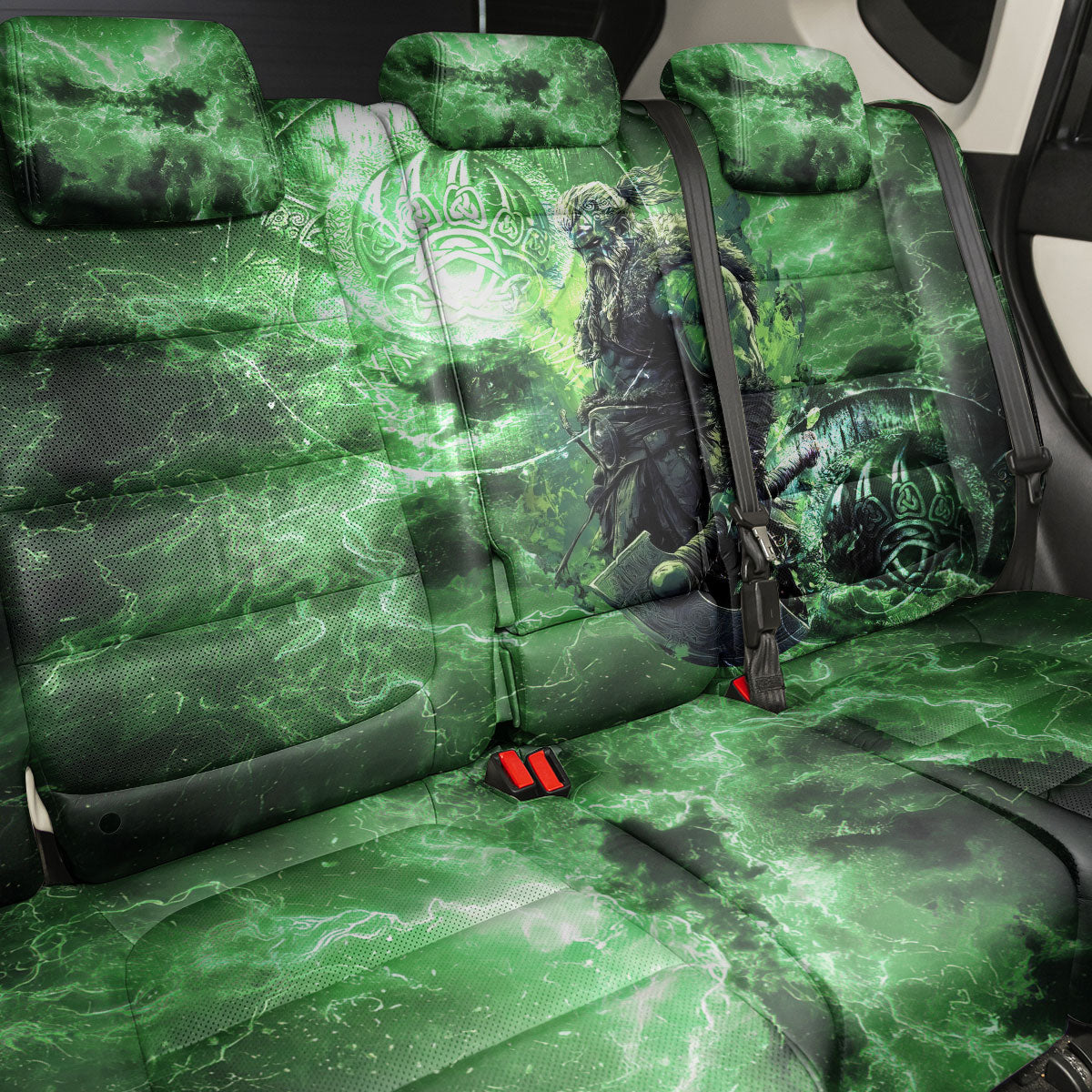 Norse Viking Warrior with Axe Back Car Seat Cover Celtic Knot Nordic Fantasy Lightning Art