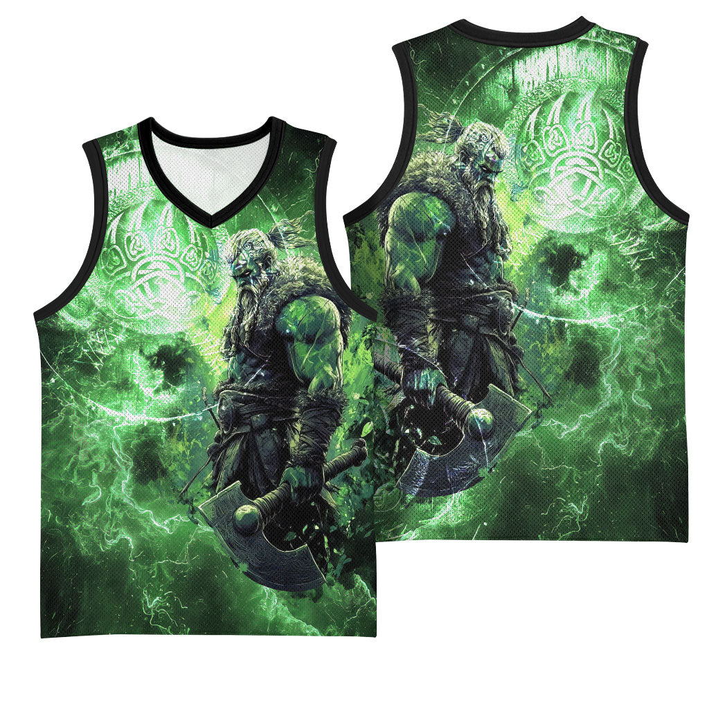 Norse Viking Warrior with Axe Basketball Jersey Celtic Knot Nordic Fantasy Lightning Art