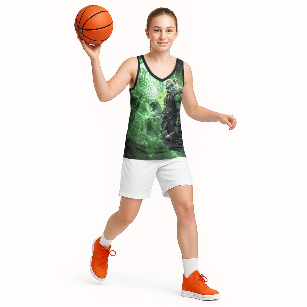 Norse Viking Warrior with Axe Basketball Jersey Celtic Knot Nordic Fantasy Lightning Art