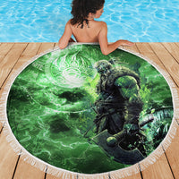 Norse Viking Warrior with Axe Beach Blanket Celtic Knot Nordic Fantasy Lightning Art