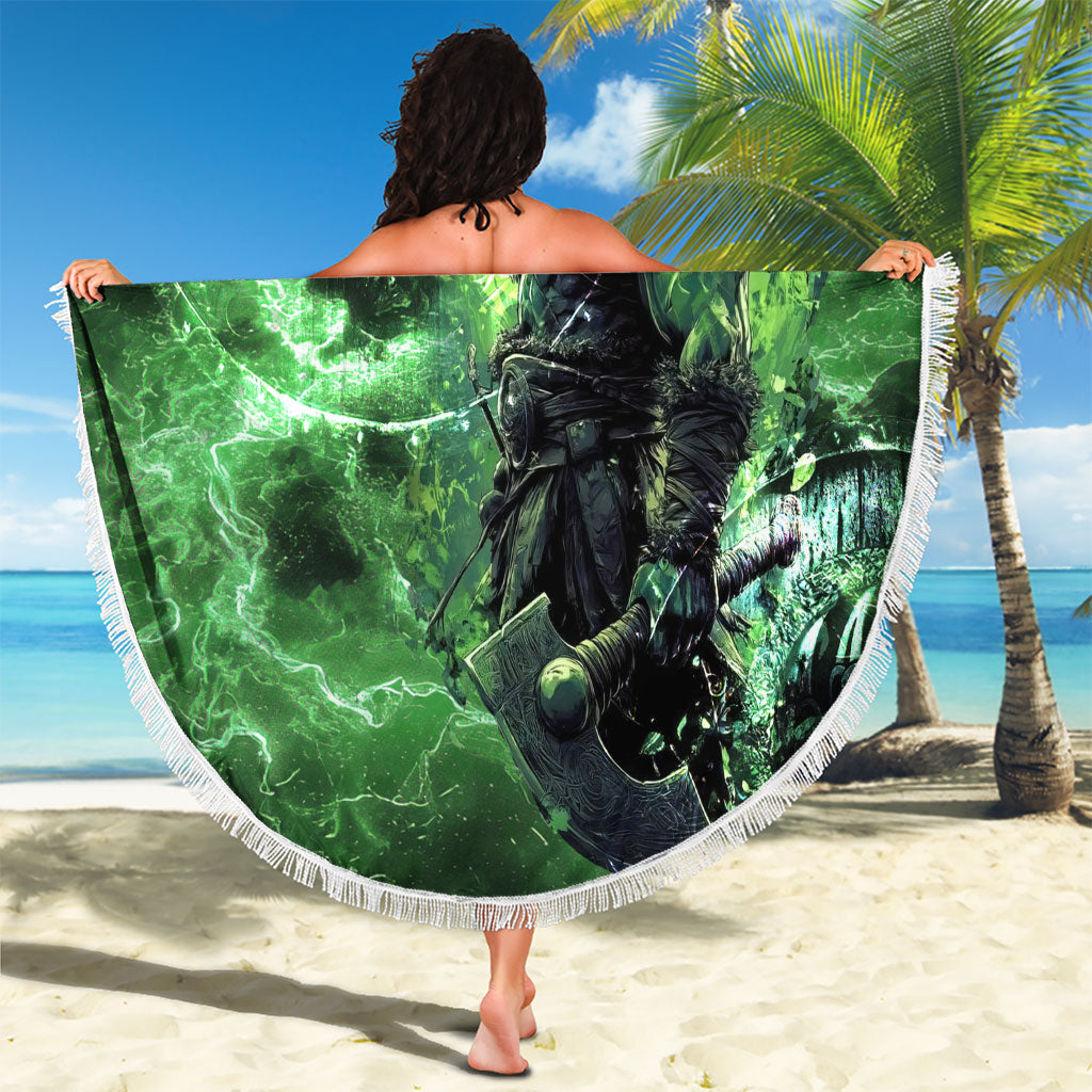 Norse Viking Warrior with Axe Beach Blanket Celtic Knot Nordic Fantasy Lightning Art
