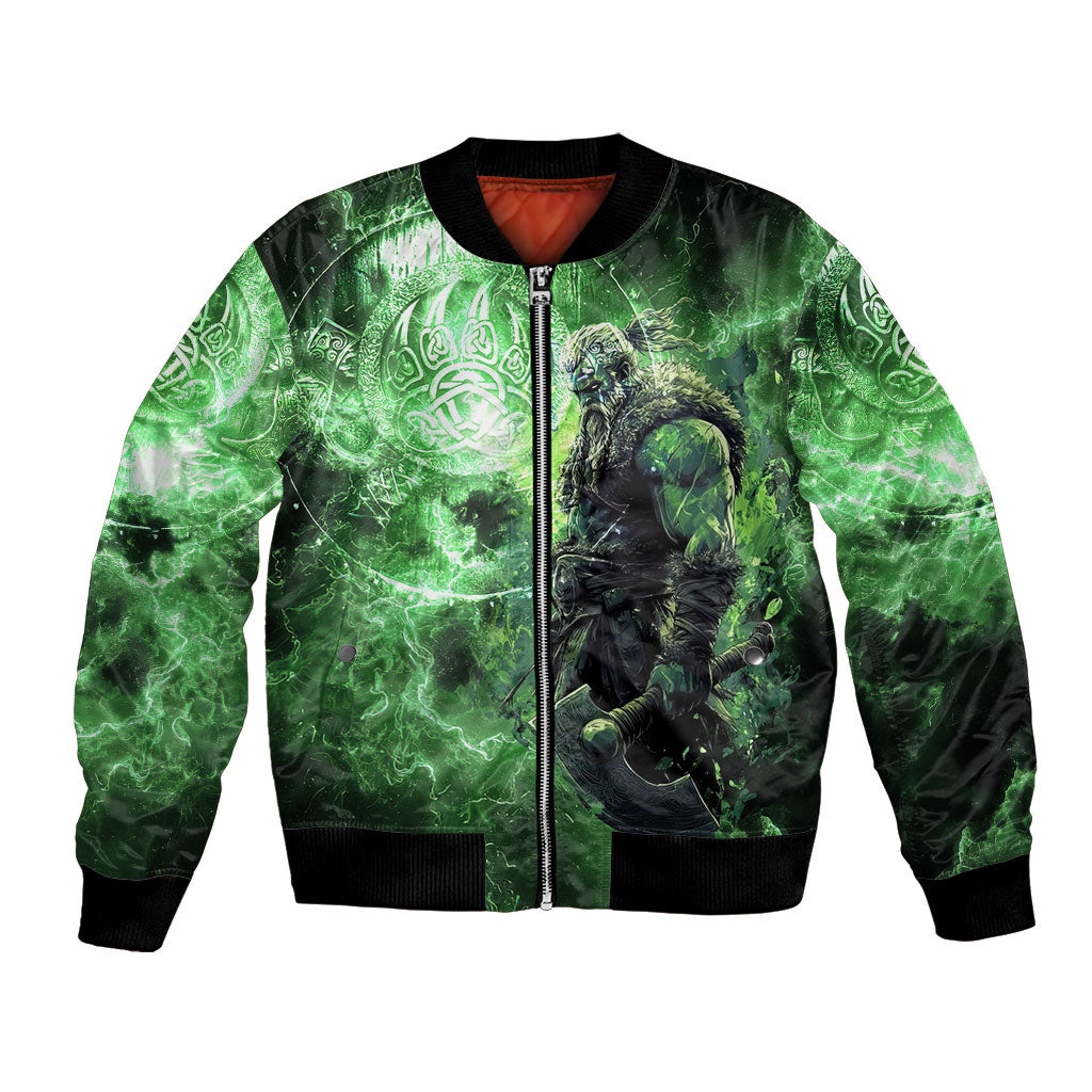 Norse Viking Warrior with Axe Bomber Jacket Celtic Knot Nordic Fantasy Lightning Art