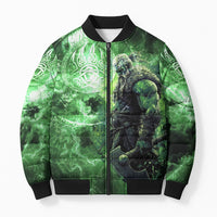 Norse Viking Warrior with Axe Bomber Puffer Jacket Celtic Knot Nordic Fantasy Lightning Art