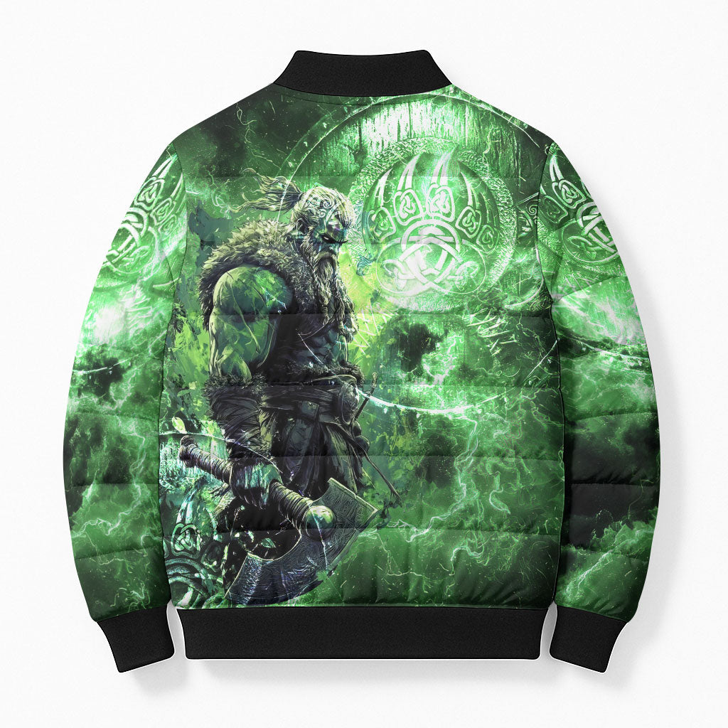 Norse Viking Warrior with Axe Bomber Puffer Jacket Celtic Knot Nordic Fantasy Lightning Art